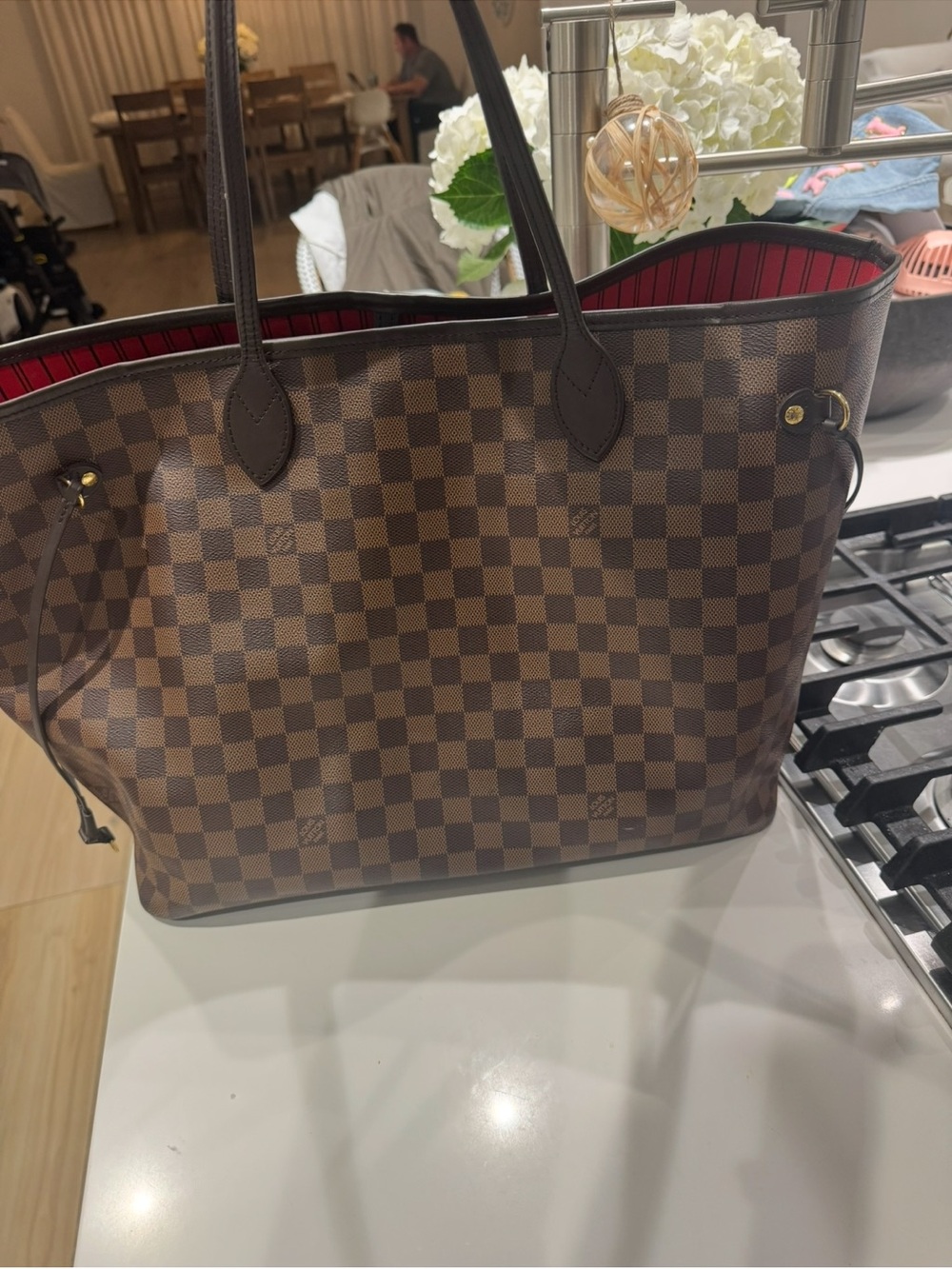 Louis Vuitton Brown Damier Ebene Tote with Red Interior